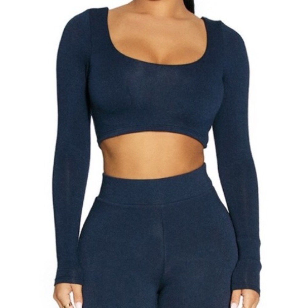 Naked Wardrobe Scooped Up Tight Crop Top in Navy